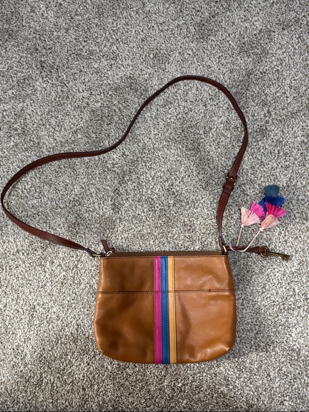 Fossil Tan Leather Crossbody with Pink & Blue Stripe
